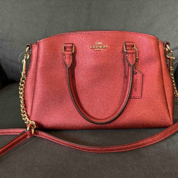 Coach Mini Sage Carryall Purse, Metallic Ruby Red Crossbody Handbag - Picture 3 of 10